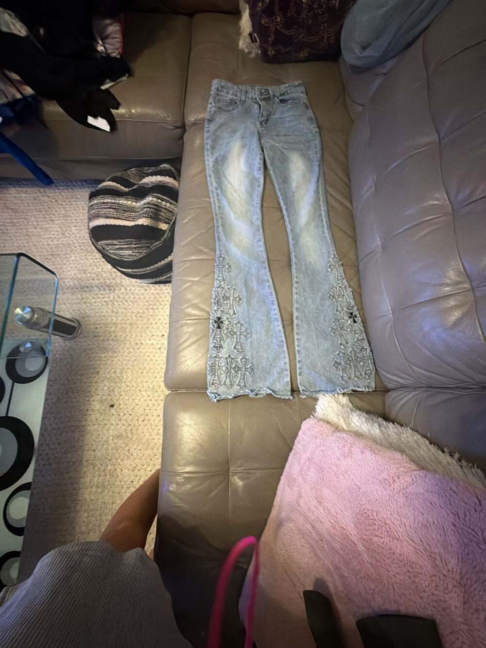 Bamboo Jeans Women's Cross Embroidered Light Wash Flare Leg Jeans